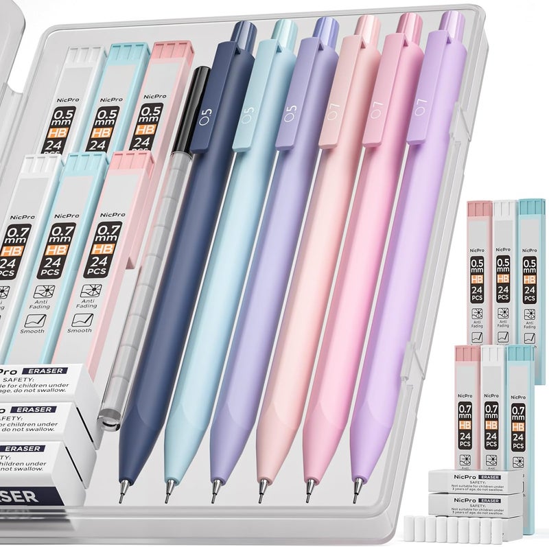 Nicpro 6PCS Pastel Mechanical Pencil Set with Case, Cute Drafting Pencils 0.5mm & 0.7mm with 6 Tubes HB Lead Refills, Erasers, Eraser Refills, Aesthetic School Supplies for Girls Drawing Sketching - Image 1